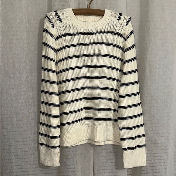 Madewell XL Bright Ivory Navy Stripes Reverse Knit Crewneck Sweater - Picture 11 of 16